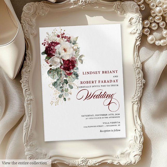 Invitación a la Boho Borgoña de la Boda Blanca de  (Watercolor Boho Burgundy White Wedding Invitation)