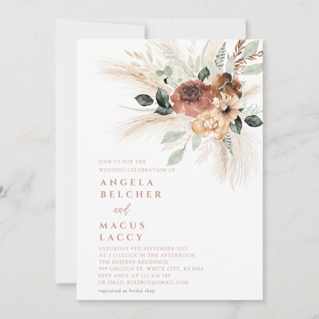 Invitación a la Boho pampas para la boda de hierba (Anverso)