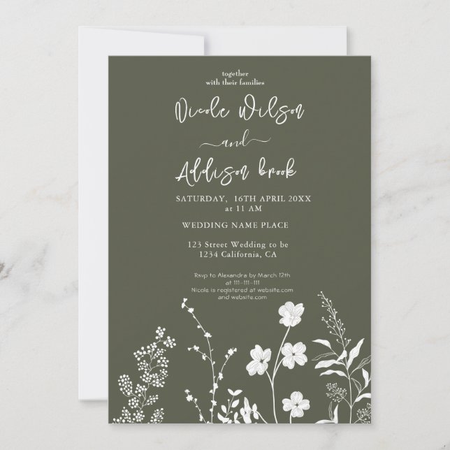 Invitación a la Boho para la Boda Verde de Flor Si (Anverso)