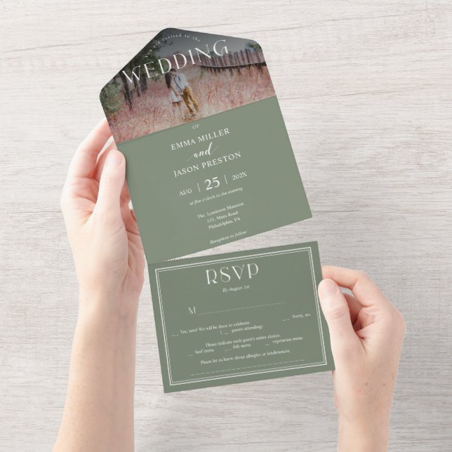 Invitación a la Boho Sage Green Wedding con foto (desgarro)