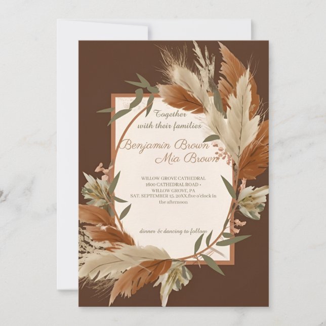 Invitación a la Boho Terracotta Pampas para la bod (Anverso)