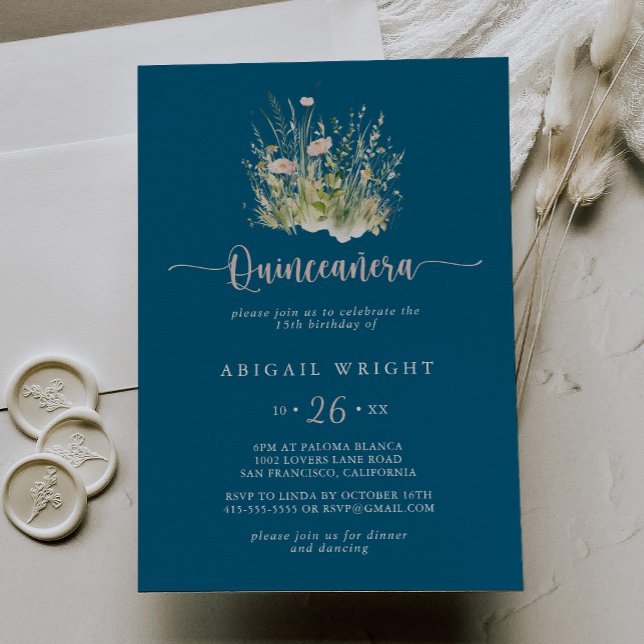 Invitación a la Boho Wildflower Navy Quinceañera (Subido por el creador)