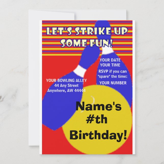 Invitación a la bolera de cumpleaños. (Anverso)