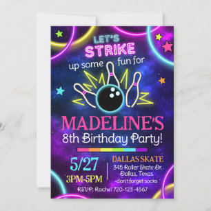 Invitación a la bolera de resplandor, cumpleaños d