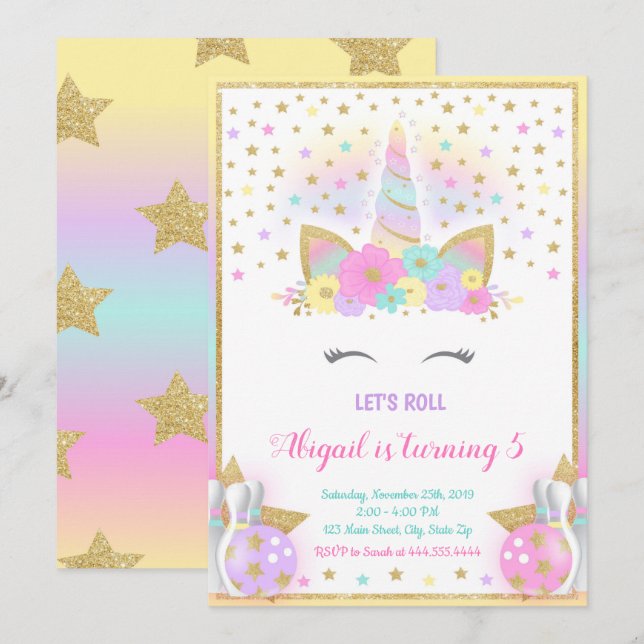 Invitación a la bolera de Unicorn, Fiesta de Unico (Anverso / Reverso)