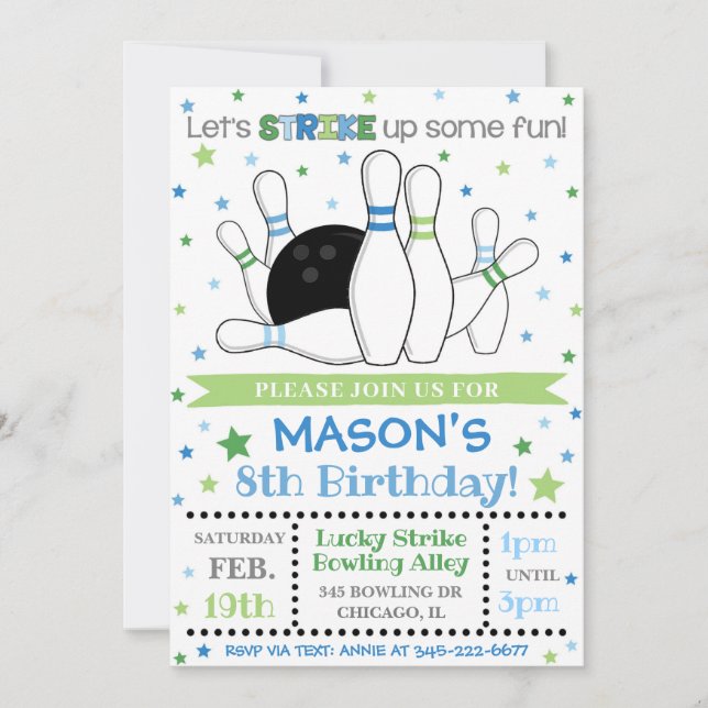 Invitación a la bolera para el cumpleaños (Anverso)
