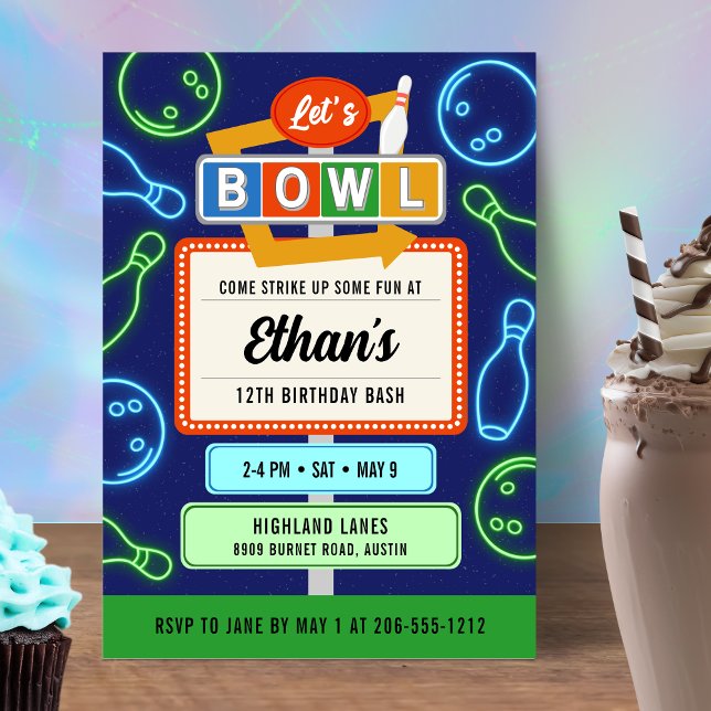 Invitación a la bolera retro neón para el cumpleañ (Retro Neon Bowling Invitation For Boy's Birthday Party)