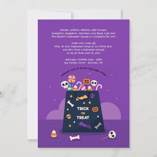 Invitación a la bolsa de halloween con trucos o tr (Anverso)