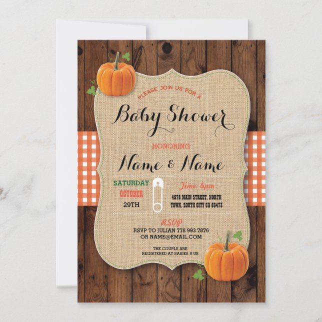 Invitación a la calabaza Baby Shower Red Check (Anverso)