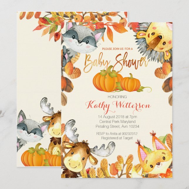 Invitación a la calabaza de otoño animal (Anverso / Reverso)