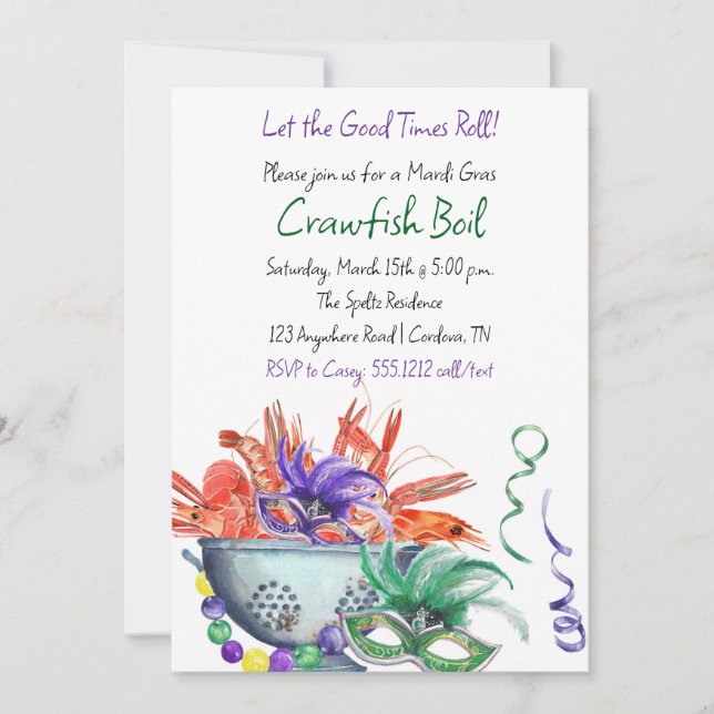 Invitación a la Caldera de Cangrejos de Mardi Gras (Anverso)