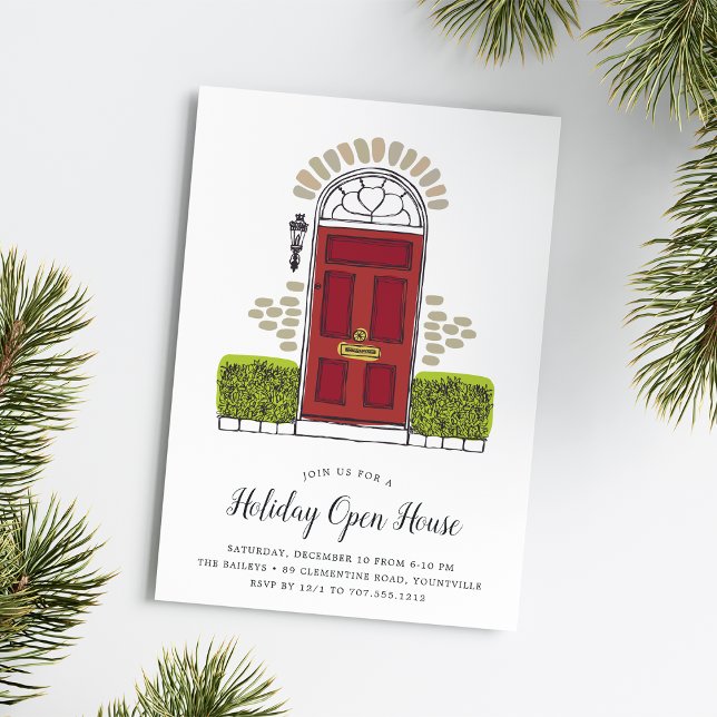 Invitación a la Casa Abierta de la Puerta Roja (A festive holiday party invitation in classic shades of red and green.)
