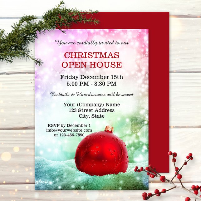 Invitación a la Casa Abierta de Sparkling Company  (Christmas company open house invitation featuring a red bauble with light sparkles in pastel colors)