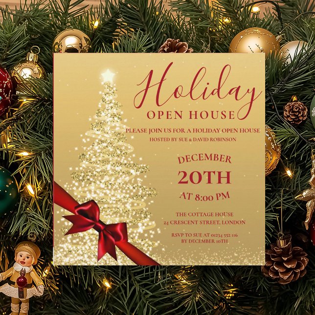 Invitación a la Casa Abierta para Navidades de Árb (Gold Xmas Tree Christmas Holiday Open House Invit Invitation)