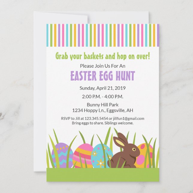 Invitación a la caza de huevos de conejo de Pascua (Anverso)
