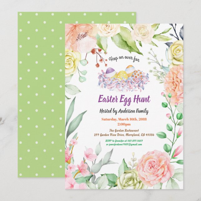 Invitación a la caza de huevos de Pascua.Flor acua (Anverso / Reverso)