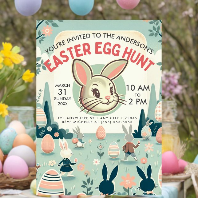 Invitación a la caza de huevos de Pascua Retro (A colorfuli Easter decorated table with a Retro Vintage Easter Egg hunt invitation on the table. )