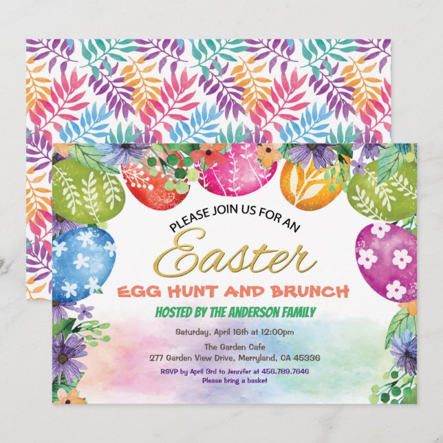 Invitación a la caza de huevos en Pascua. Flor acu (Anverso / Reverso)