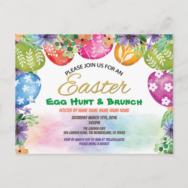 Invitación a la caza de huevos en Pascua. Flor acu (Anverso)