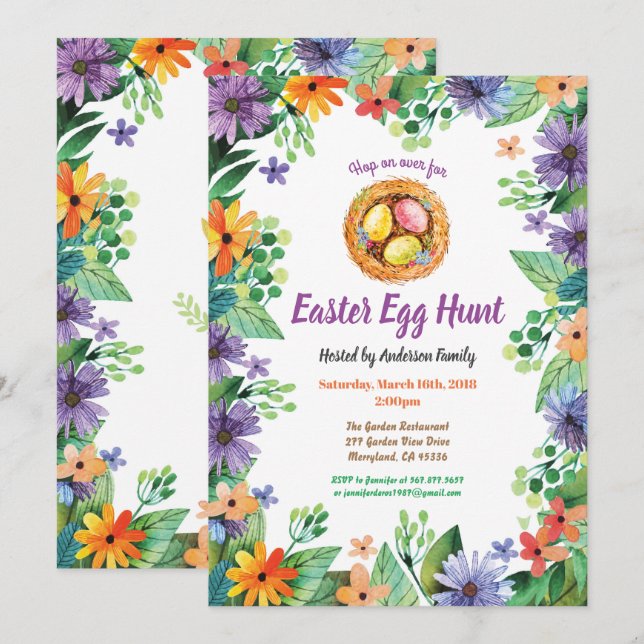 Invitación a la caza de huevos en Pascua. Flores a (Anverso / Reverso)