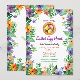 Invitación a la caza de huevos en Pascua. Flores a