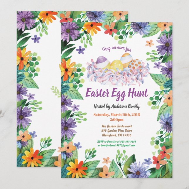 Invitación a la caza de huevos en Pascua. Flores m (Anverso / Reverso)