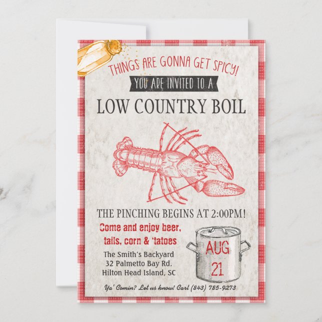 Invitación a la cazuela de mariscos de Low Country (Anverso)