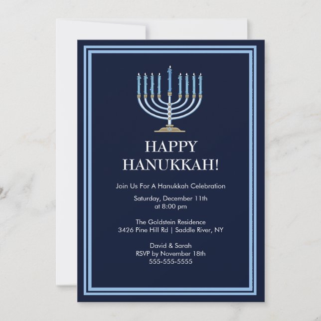 Invitación a la celebración de Blue Menorah Hanukk (Anverso)
