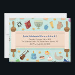 Invitación a la celebración de Hanukkah<br><div class="desc">Una invitación festiva de Hanukkah con un fondo de elementos Hanukkah y una Torá abierta para llevar los detalles de tu celebración. (Vector ligero creado por freepik - www.freepik.com). La tarjeta es fácil de personalizar con sus opciones de texto, fuente, color de fuente y forma de papel. ¿No es exactamente...</div>