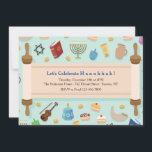 Invitación a la celebración de Hanukkah<br><div class="desc">Una invitación festiva de Hanukkah con un fondo de elementos Hanukkah y una Torá abierta para llevar los detalles de tu celebración. (Vector ligero creado por freepik - www.freepik.com). La tarjeta es fácil de personalizar con sus opciones de texto, fuente, color de fuente y forma de papel. ¿No es exactamente...</div>