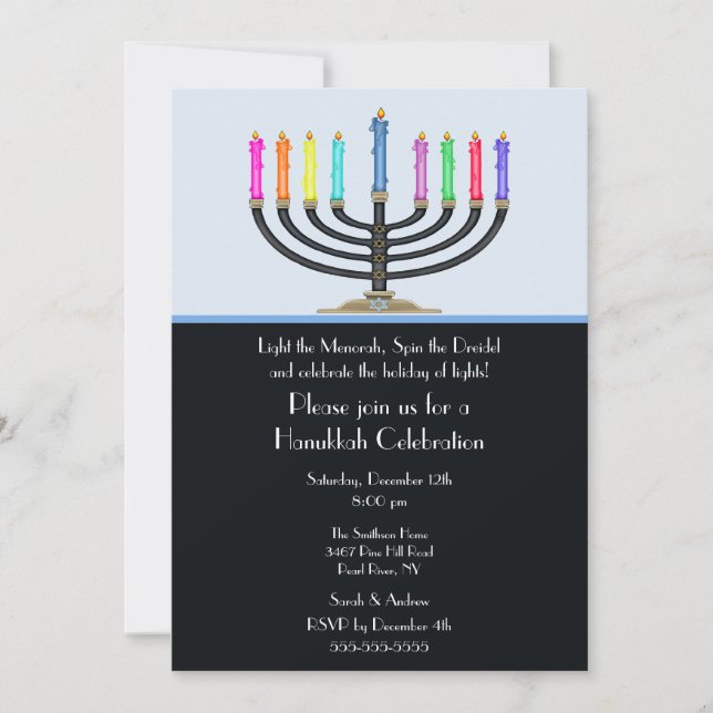 Invitación a la celebración de Menorah Hanukkah en (Anverso)