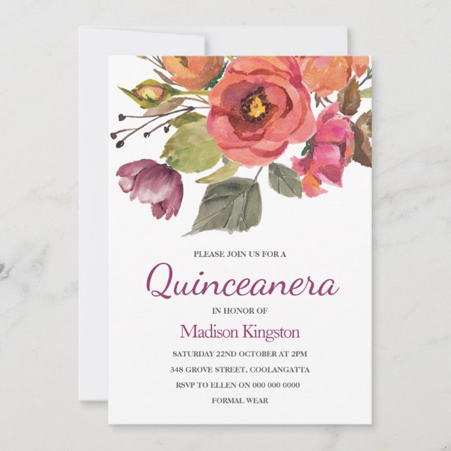 Invitación a la celebración de Quinceanera con flo (Anverso)