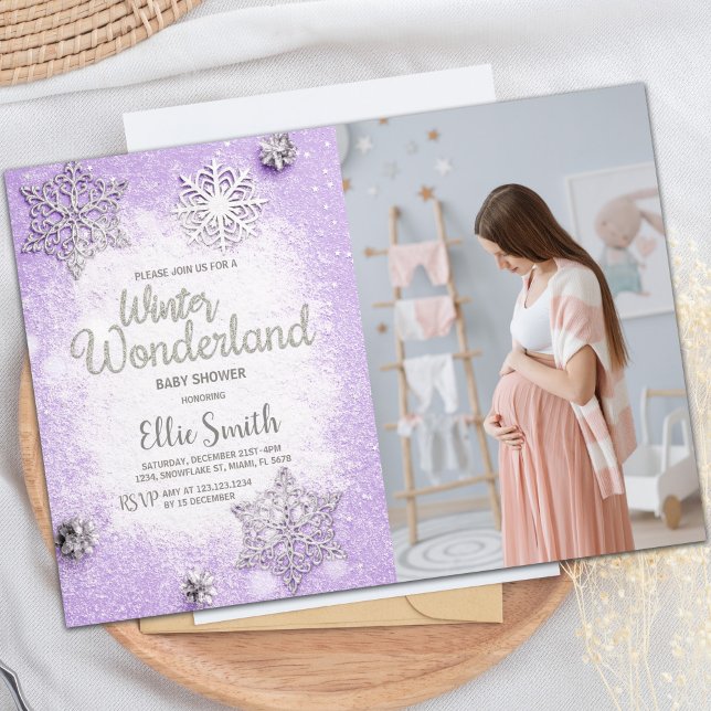Invitación a la celebración del bebé con copo de n (Purple Winter Baby Shower Invitations with photo)