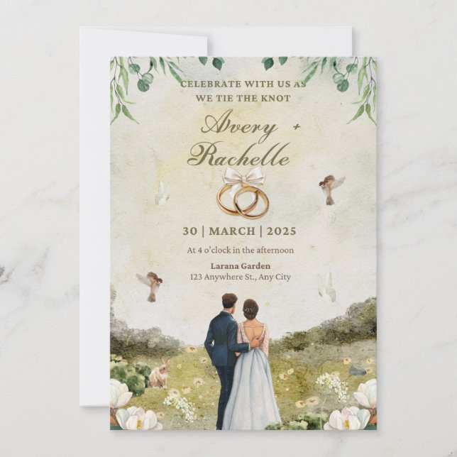 Invitación a la celebración del boda floral verde  (Anverso)