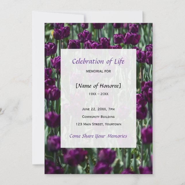 Invitación a la celebración del Purple Tulips Memo (Anverso)