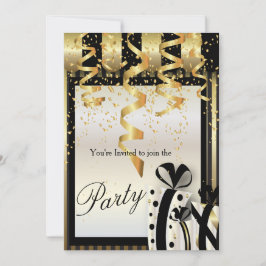 Invitación a la celebración fiesta en oro y negro