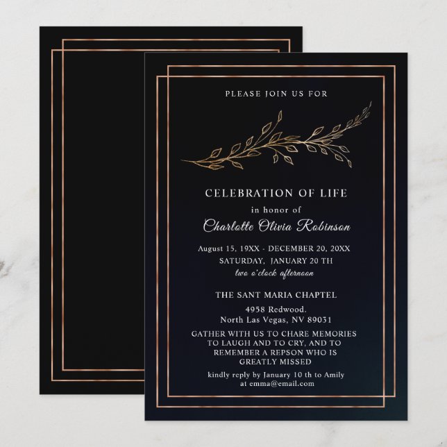 Invitación a la celebración floral de oro y negro (Anverso / Reverso)