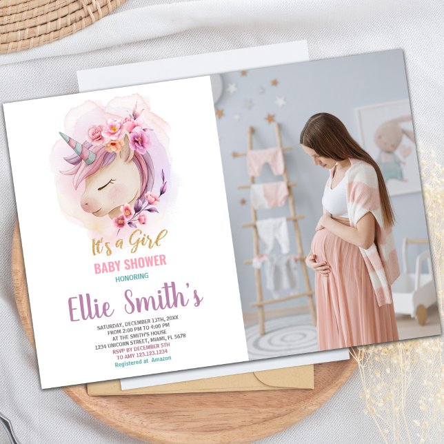 Invitación a la celebración mágica del bebé person (Floral Unicorn Baby Shower Invitations with photo)