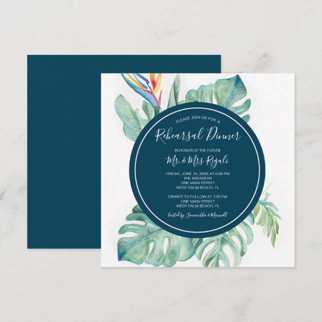 Invitación a la cena a prueba de acuarela tropical (Anverso / Reverso)