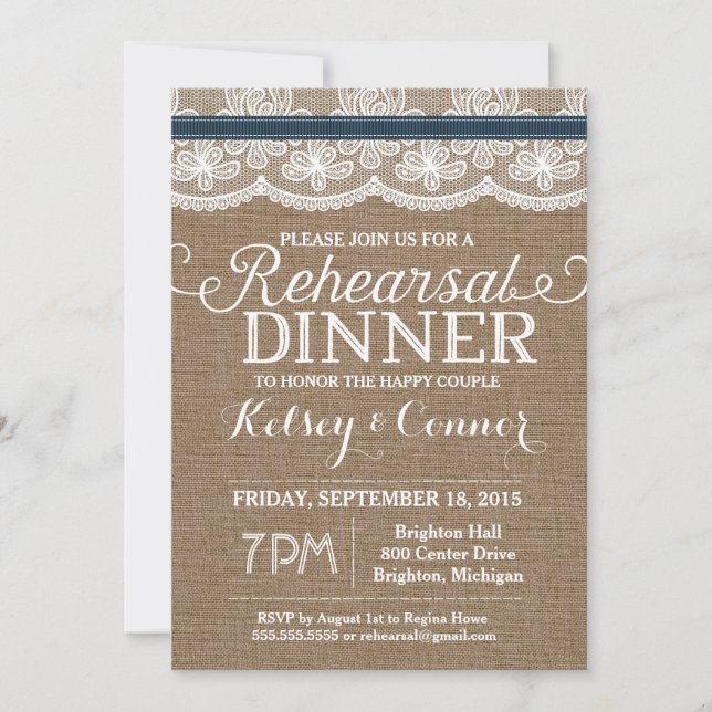 Invitación a la cena, Burlap & Lace, Armada (Anverso)