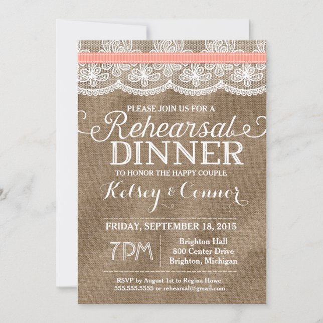 Invitación a la cena, Burlap & Lace, Coral (Anverso)