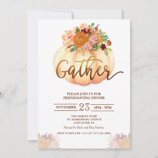 Invitación a la cena con calabaza floral (Anverso)