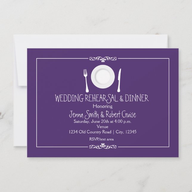 Invitación a la cena con ensayo Boda púrpura (Anverso)