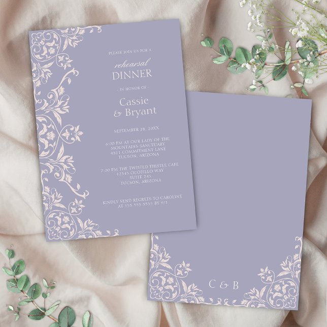 Invitación a la cena con ensayo de lavanda púrpura (Elegant purple lavender wedding rehearsal dinner invitation with romantic vintage french lilac theme)