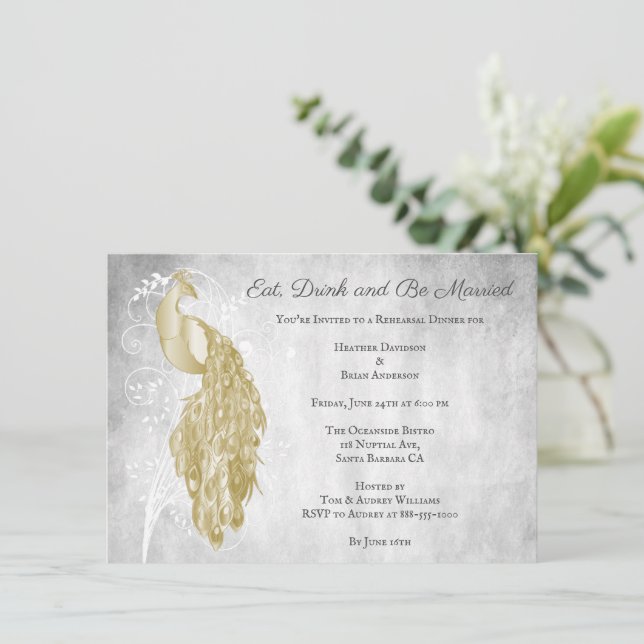 Invitación a la cena con ensayo de pavo real de or (Anverso de pie)