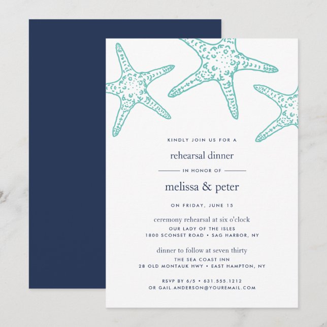 Invitación a la cena con Starfish Aqua & Navy (Anverso / Reverso)