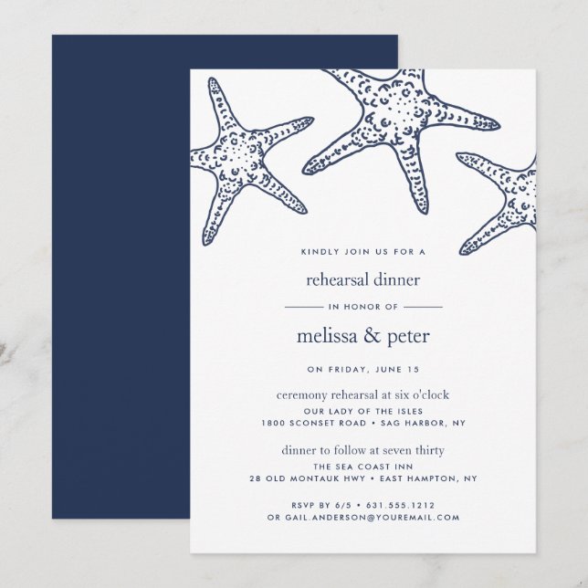 Invitación a la cena con Starfish blanco y naval (Anverso / Reverso)