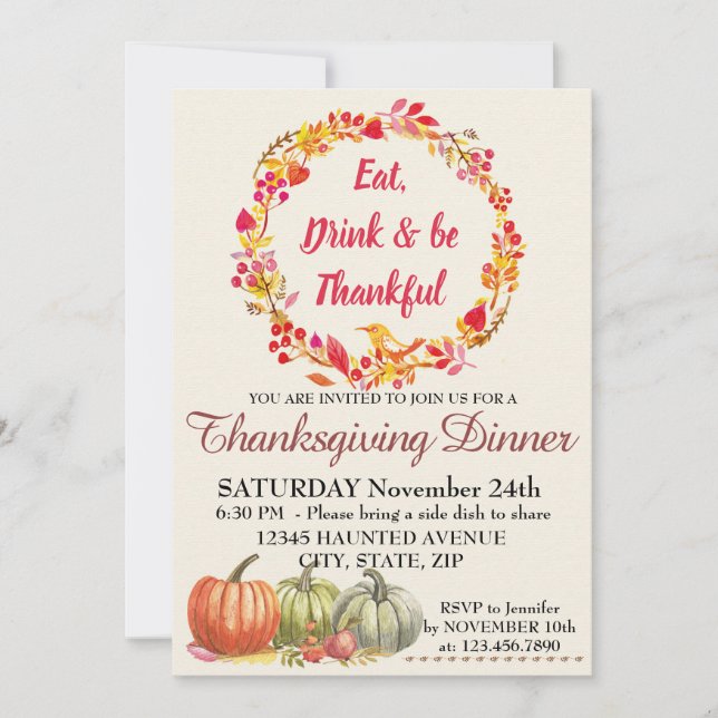 Invitación a la cena de Acción de Gracias (Anverso)