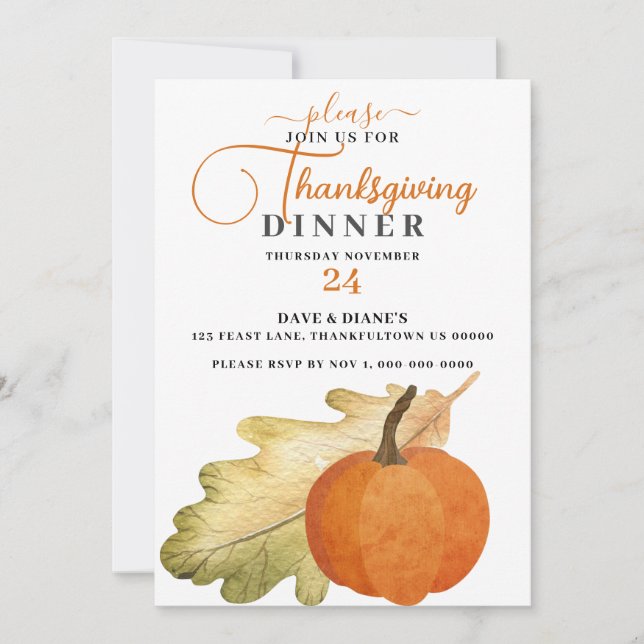 Invitación a la cena de Acción de Gracias a la hoj (Anverso)