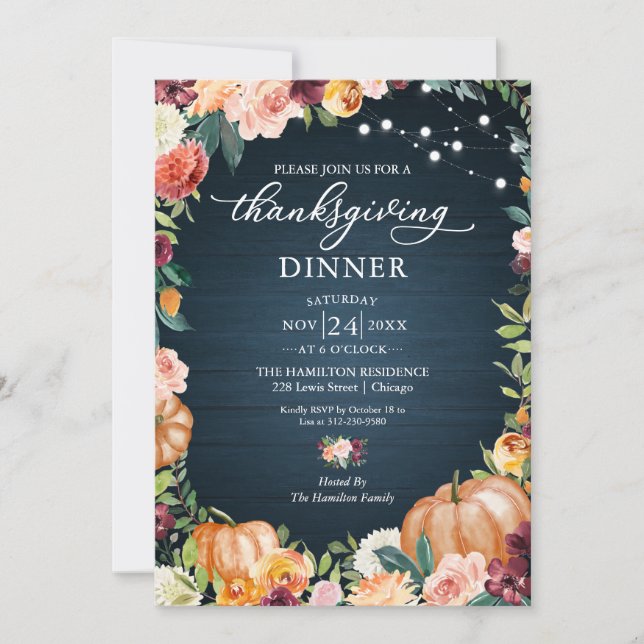 Invitación a la Cena de Acción de Gracias con Flor (Anverso)